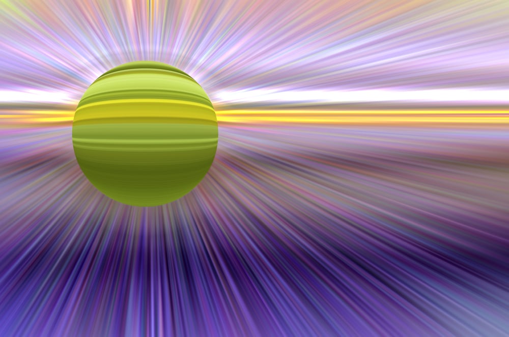 Abstract of a green striped planet with a faint halo in front of a source of multicolored radiant energy, for themes of otherworldliness, alternate reality, or space travel  (one of a series)